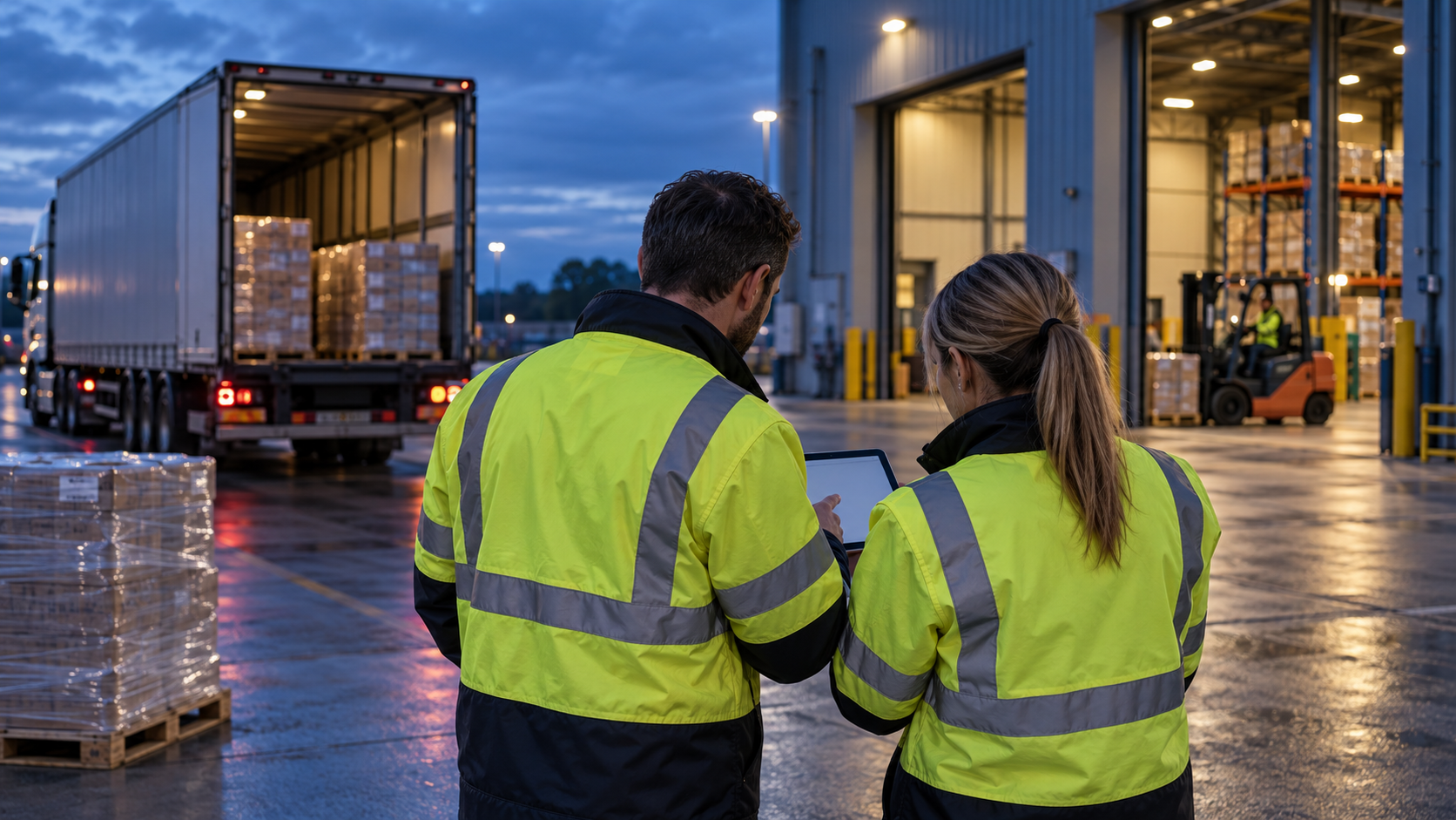 Two logistics professionals reviewing information at a warehouse loading dock