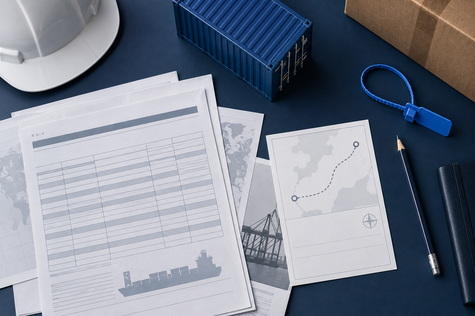 Logistics planning materials, route card and cargo seal on a blue desk